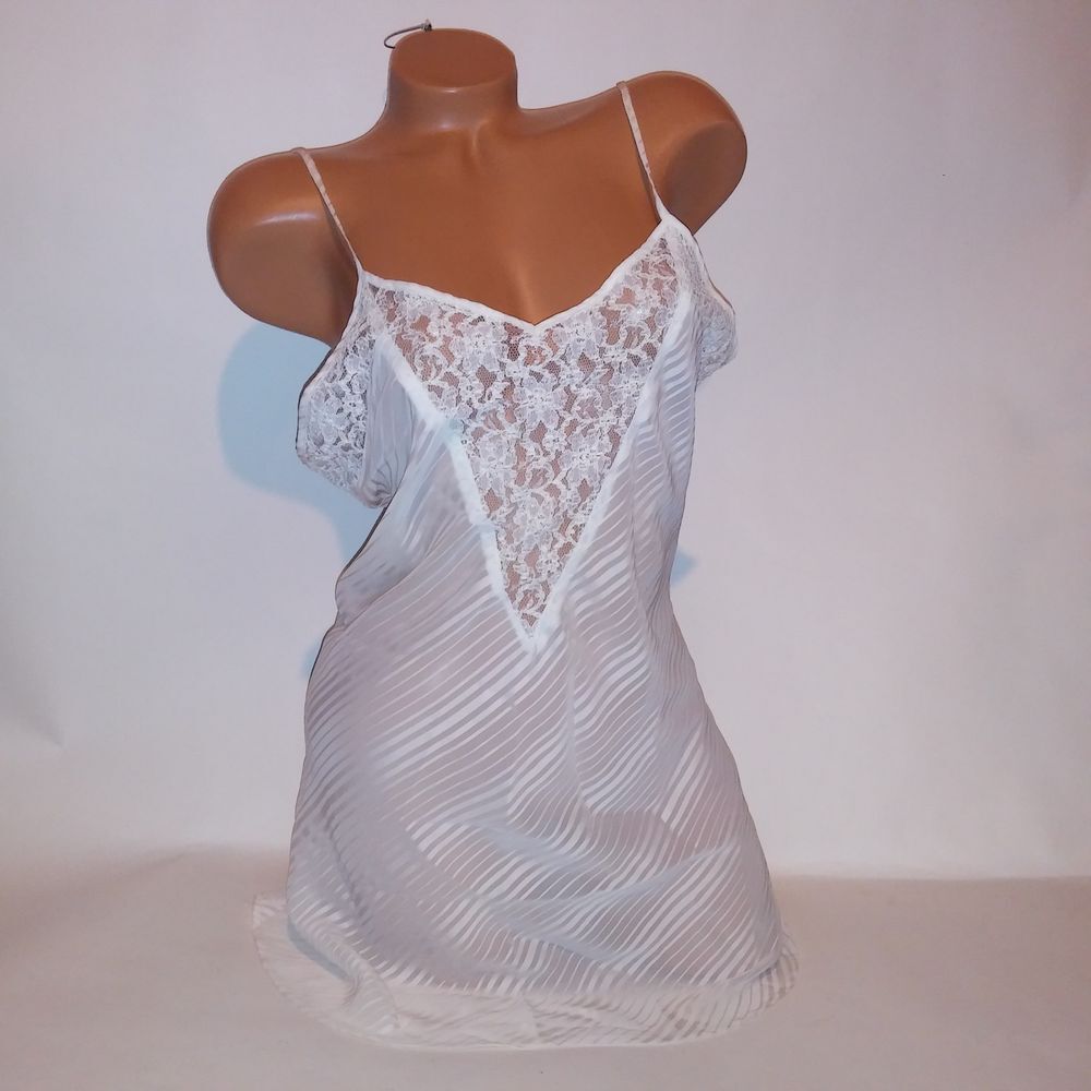 Vintage Lingerie Of the Moment Chemise Slip Small Ivory Stripe Sheer Lace Trim
